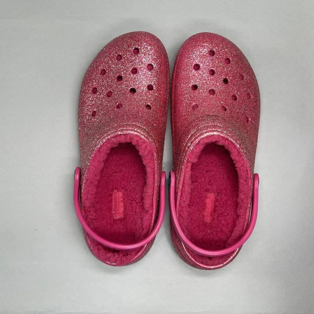 Crocs Pink Glitter Shoes Girl's Size 6 Insulated Lined‎ Slip On Clog Sandals